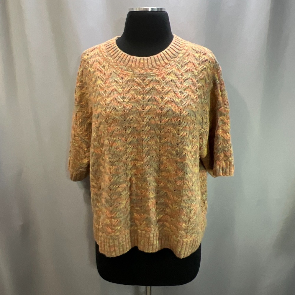 Democracy Sweater Womens Large Multicolor Textured Open Stitch Knit Ribbed Trim